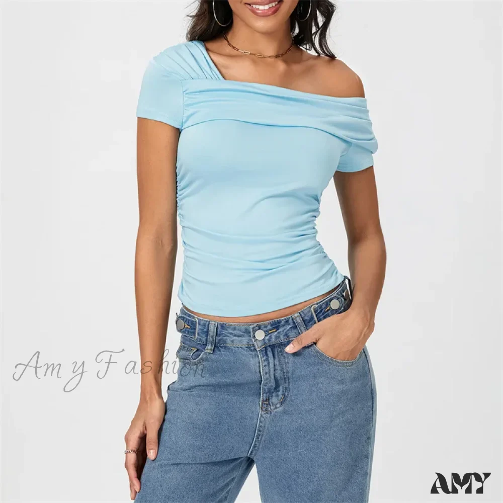 Oblique Shoulder Solid Color Sleeveless Cropped Aesthetic Streetwear Crop Top - Image 5