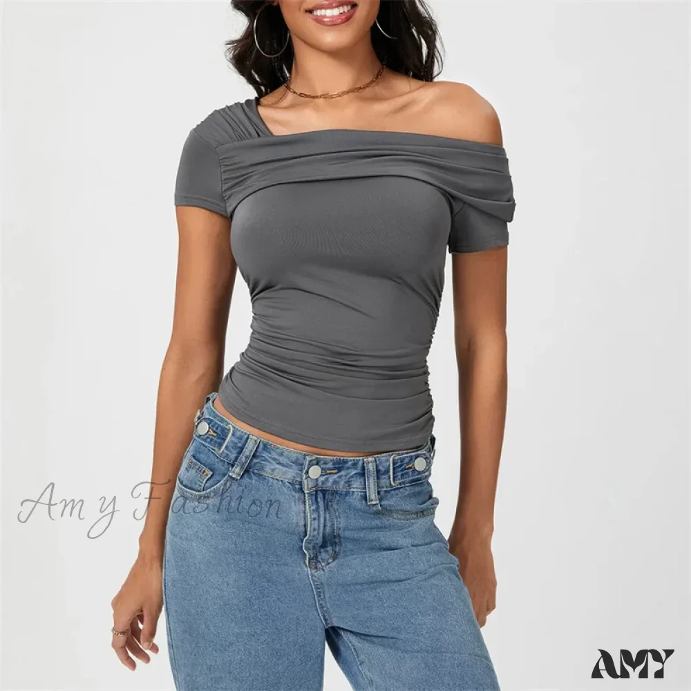 Oblique Shoulder Solid Color Sleeveless Cropped Aesthetic Streetwear Crop Top - Image 6