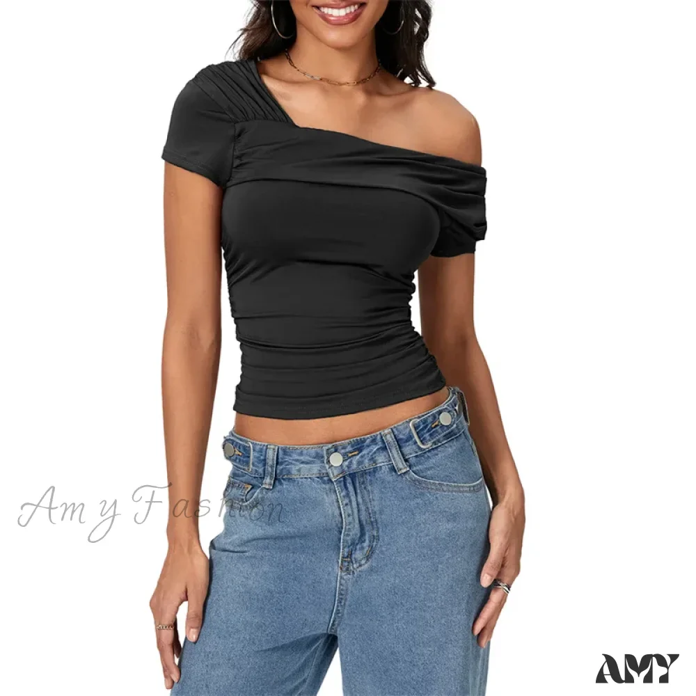 Oblique Shoulder Solid Color Sleeveless Cropped Aesthetic Streetwear Crop Top - Image 7