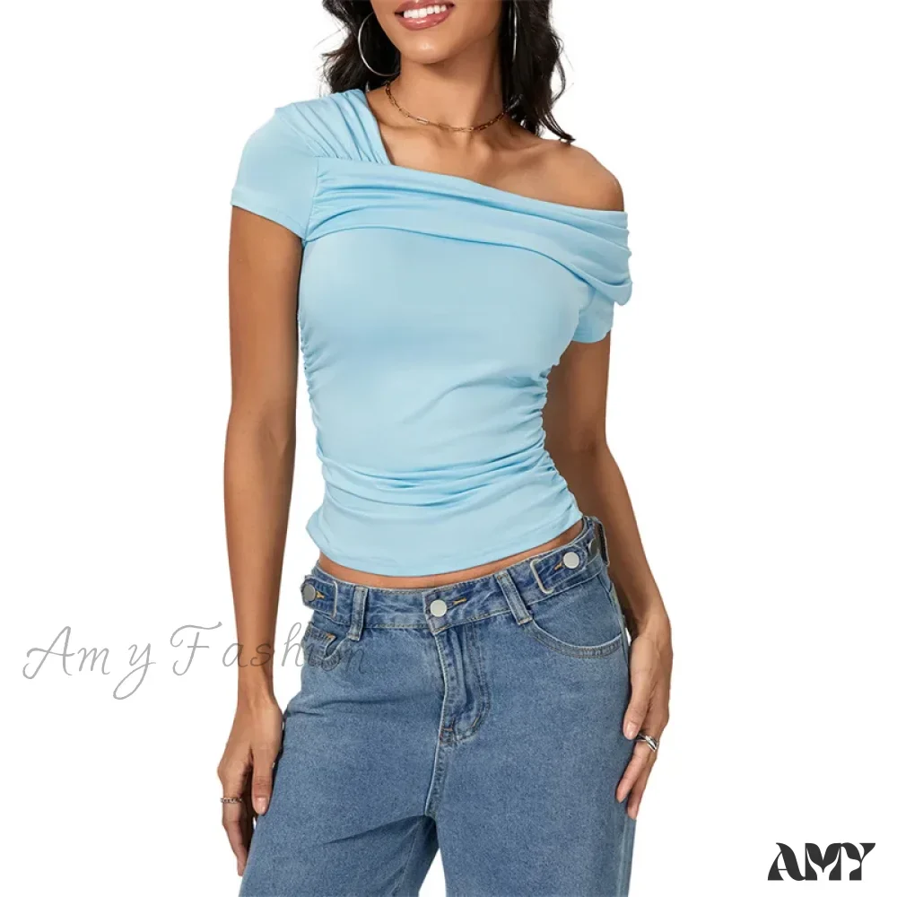 Oblique Shoulder Solid Color Sleeveless Cropped Aesthetic Streetwear Crop Top - Image 8