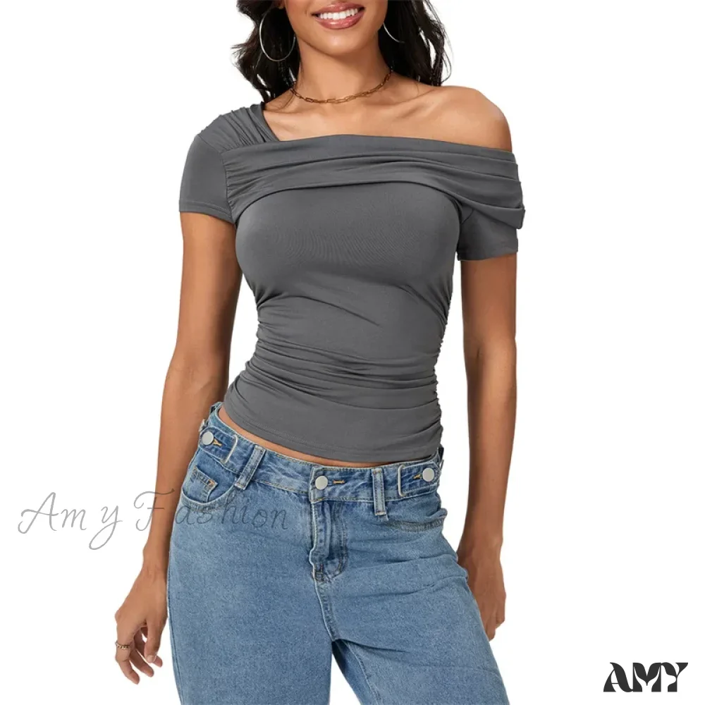 Oblique Shoulder Solid Color Sleeveless Cropped Aesthetic Streetwear Crop Top - Image 9