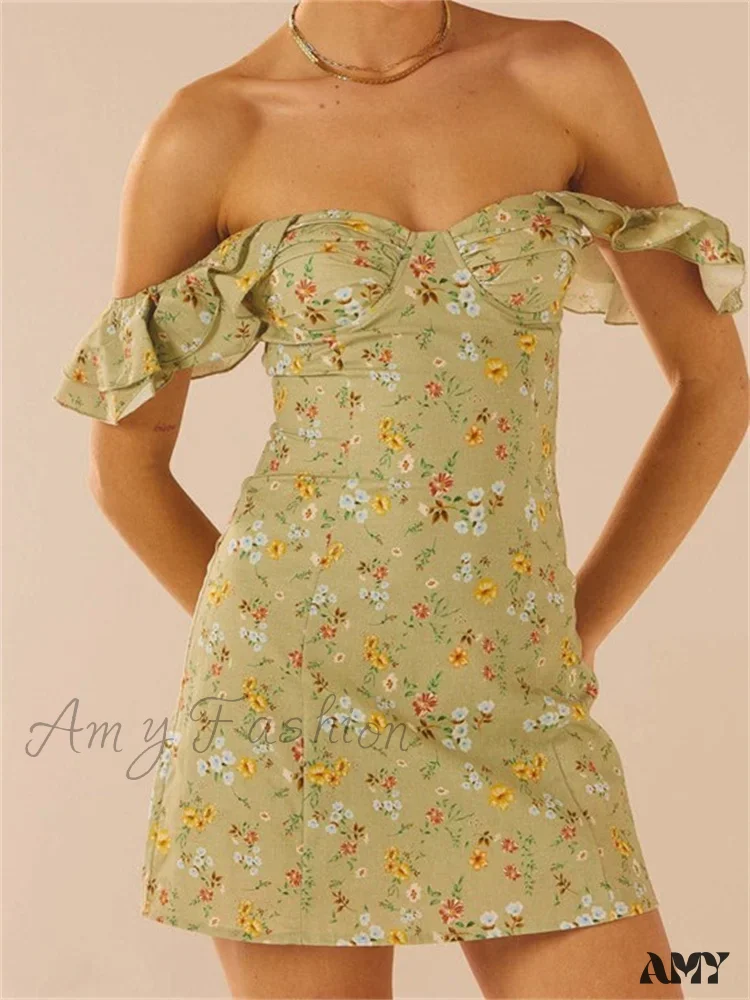 Amy Fashion - Off Shoulder Casual Sleeveless Floral Print Ruffle Trim Mini Dress - Image 2