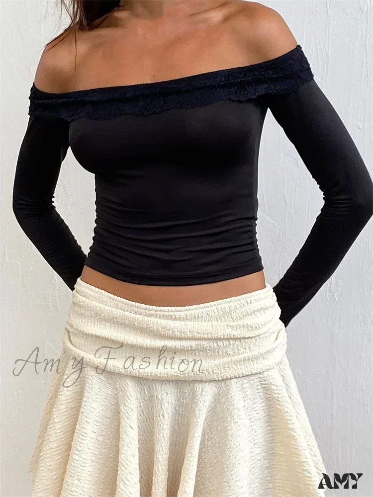 Amy Fashion - Off Shoulder Cropped Lace Patchwork Long Sleeve Slash Neck T-Shirts - Image 2