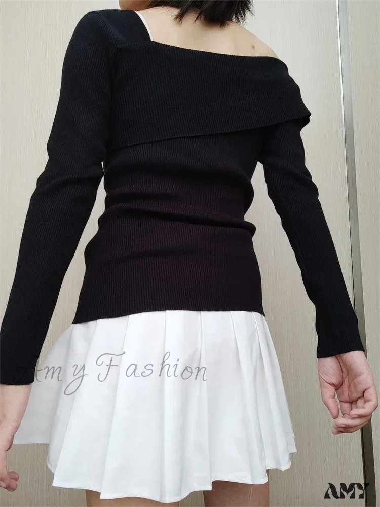 Amy Fashion - Off Shoulder Irregular Neck  Long Sleeve Ribbed Knitted T-shirts - Image 2