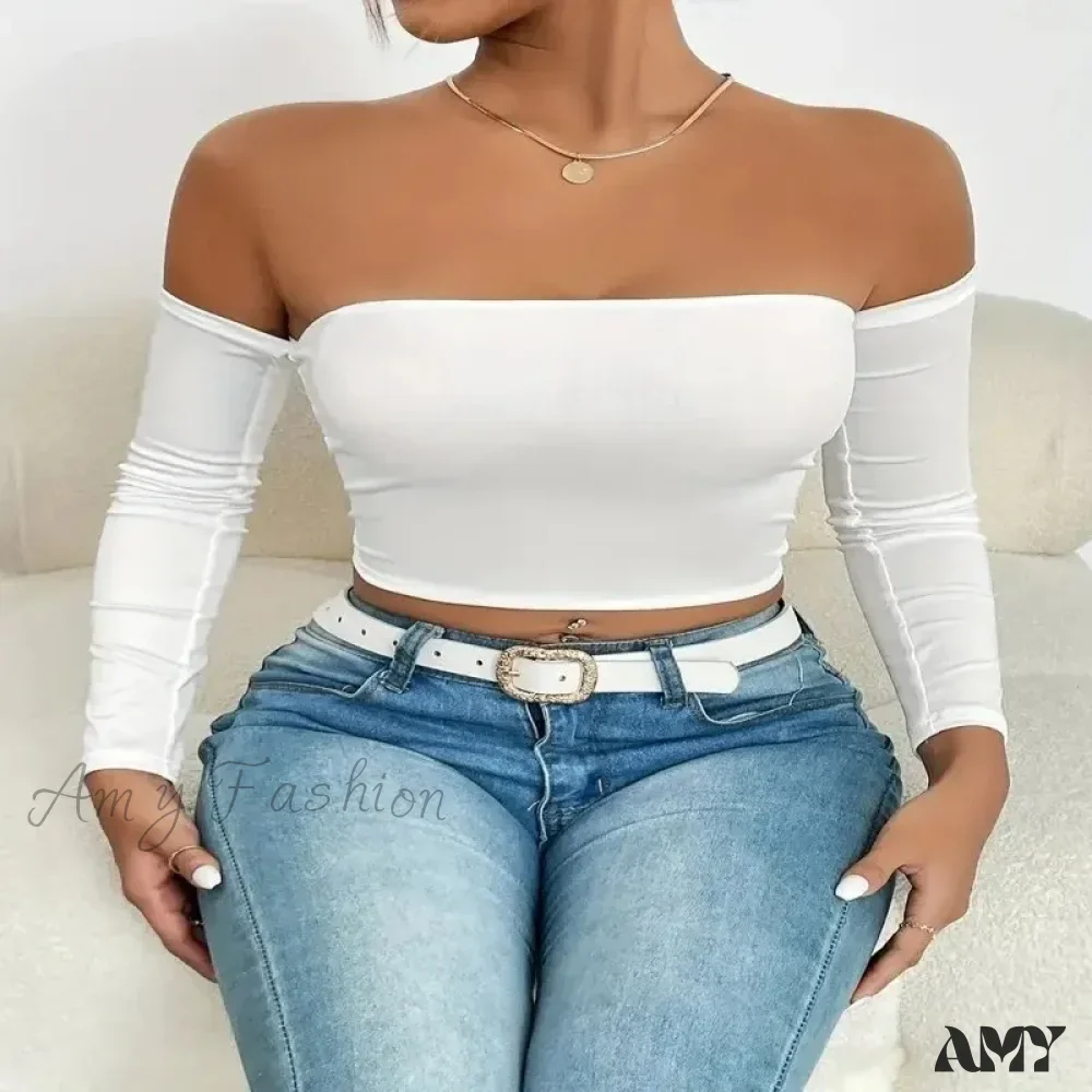 Off Shoulder Long Sleeve Casual Spring Fall Women's Crop Top - Image 2