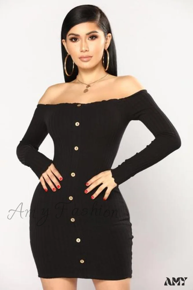 Amy Fashion - Long Sleeve Sexy Slash Neck Bodycon Dresses