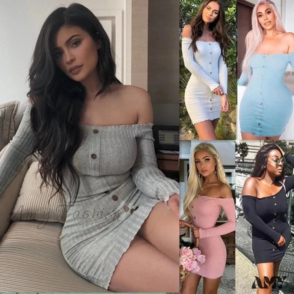 Amy Fashion - Long Sleeve Sexy Slash Neck Bodycon Dresses - Image 2