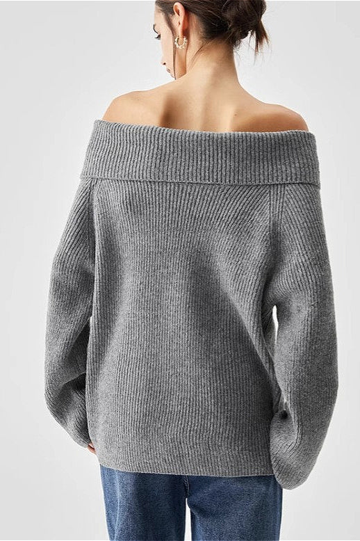 Off-Shoulder Solid Grey Sweater - Image 4