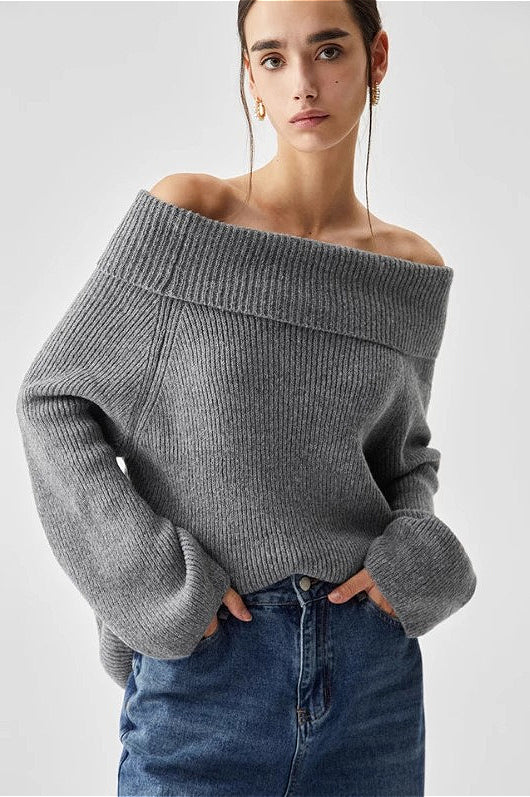 Off-Shoulder Solid Grey Sweater - Image 5