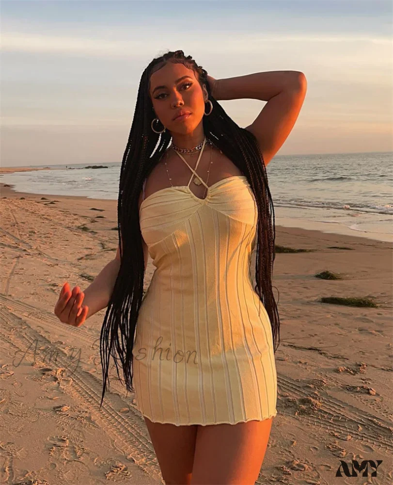 Amy Fashion - Off-Shoulder Stripe Knitting Bodycon Dress - Image 7