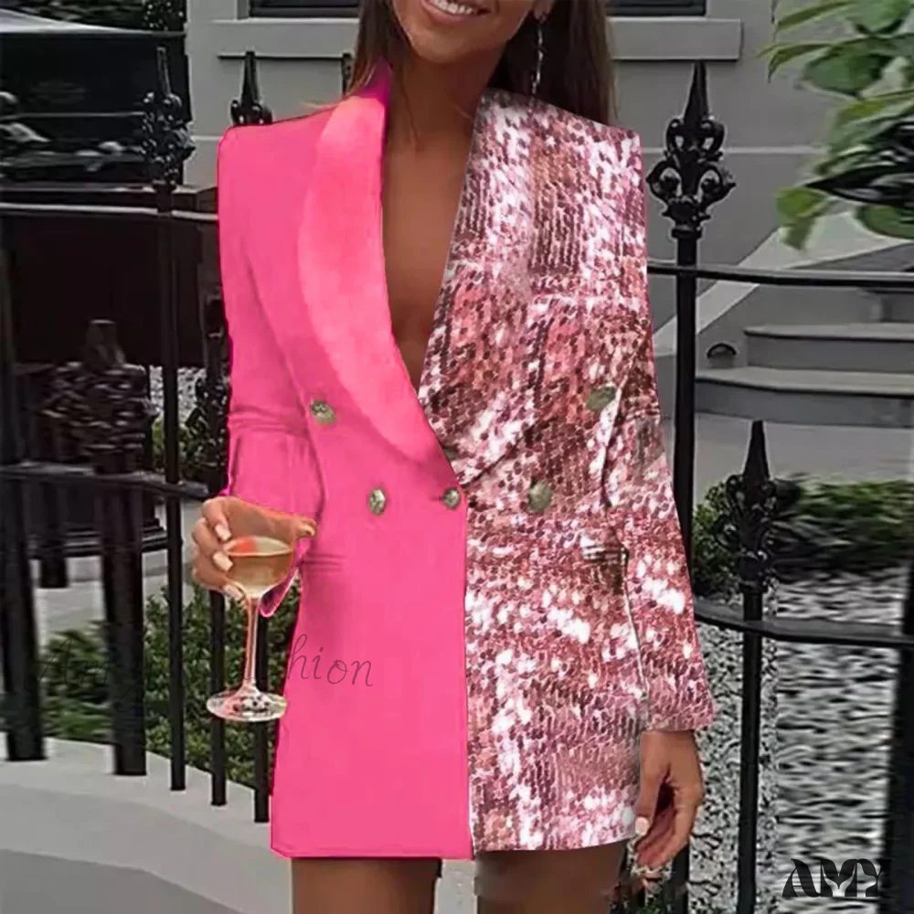 Office Colorblock Patchwork Long Sleeve Blazer Fashion Club Female Sequin Blazer Mini Party Club Vestidos Dress - Image 2