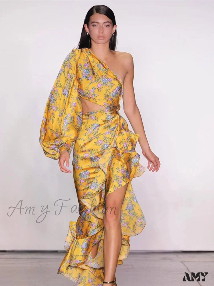 Amy Fashion - One Shoulder Cut Out Ruffle Long Dress - Image 10