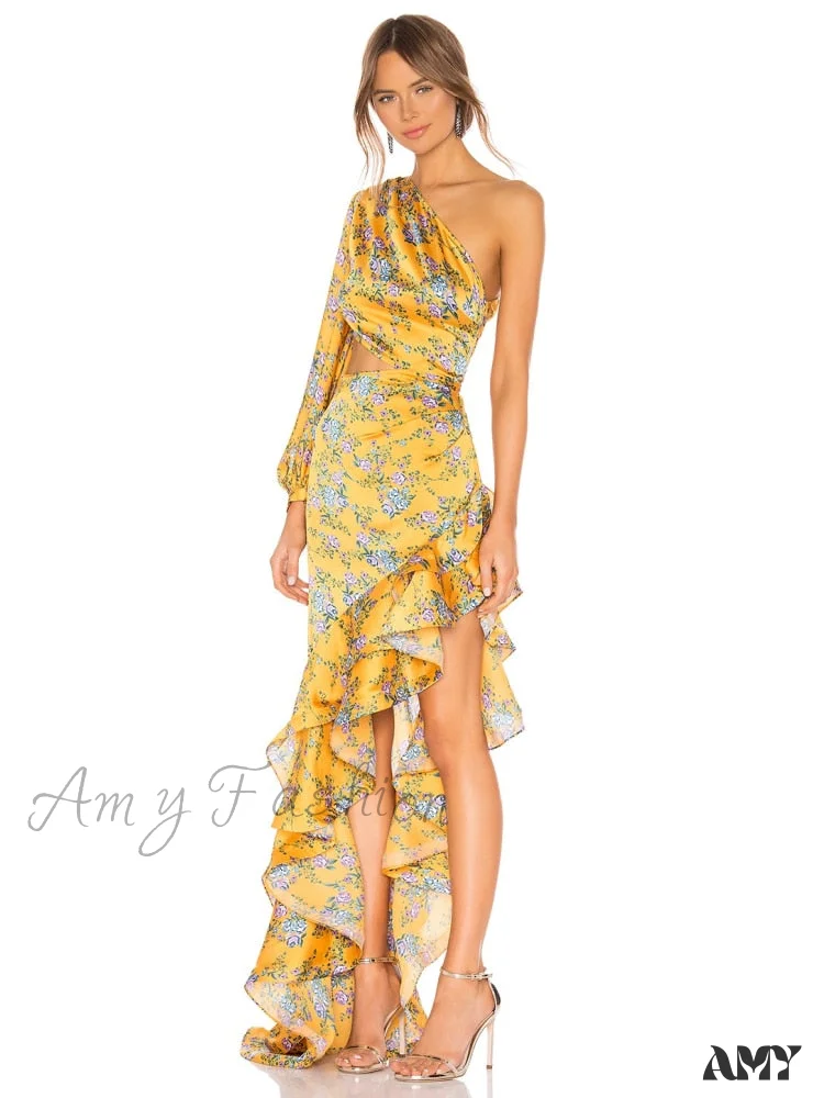Amy Fashion - One Shoulder Cut Out Ruffle Long Dress - Image 12