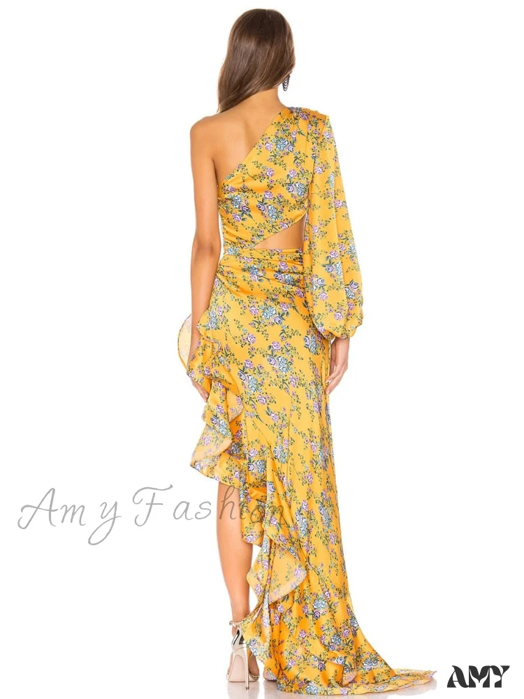 Amy Fashion - One Shoulder Cut Out Ruffle Long Dress - Image 13