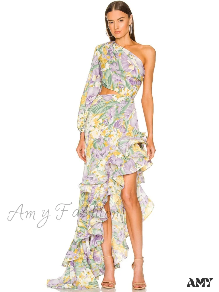 Amy Fashion - One Shoulder Cut Out Ruffle Long Dress - Image 14