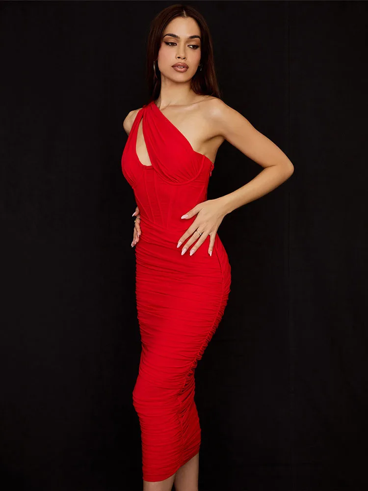 One Shoulder Ruched Bodycon Midi Dress - Image 4