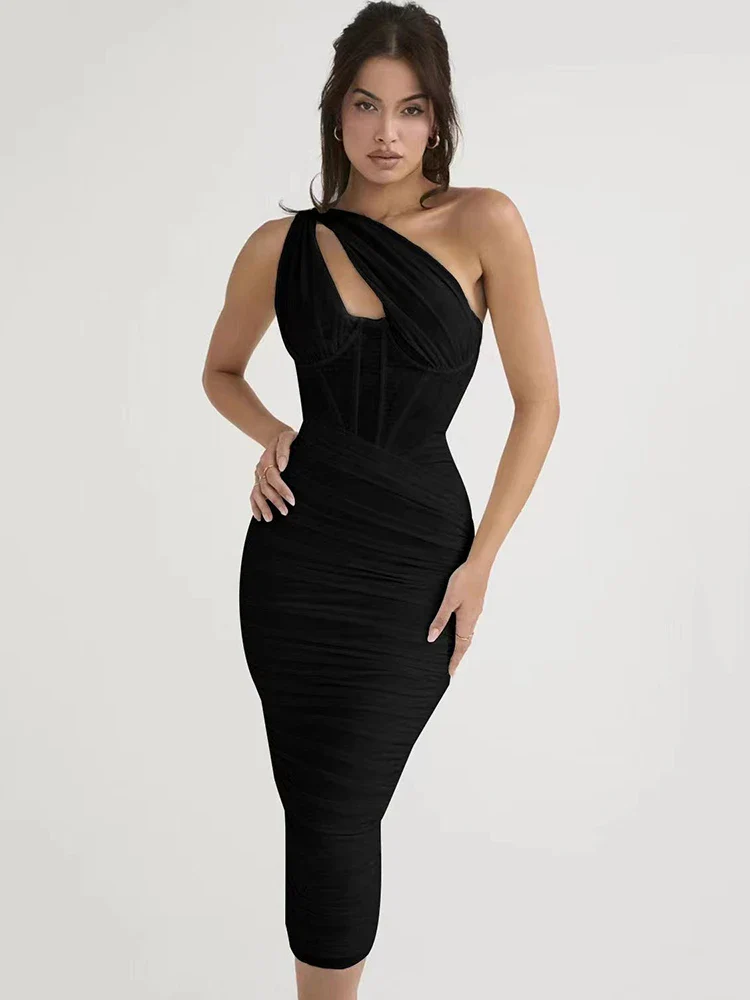 One Shoulder Ruched Bodycon Midi Dress - Image 9