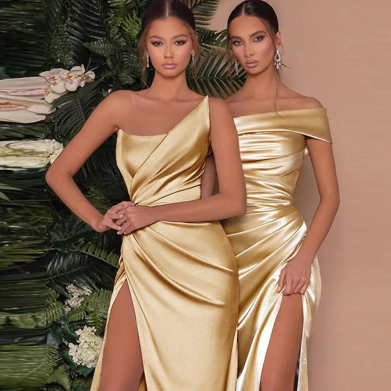 One Shoulder Satin Slit Maxi Dress - Image 3