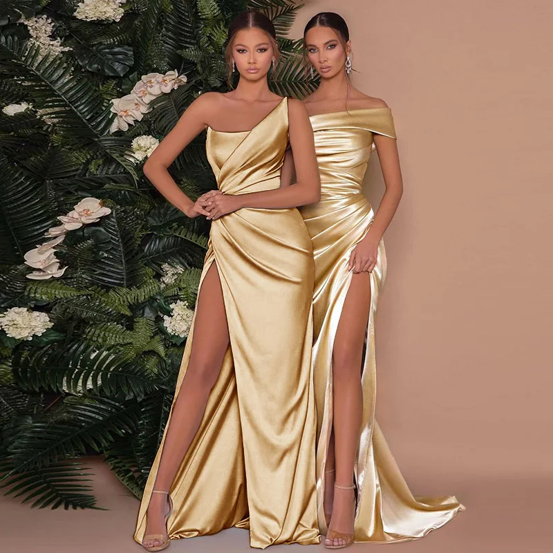 One Shoulder Satin Slit Maxi Dress - Image 4