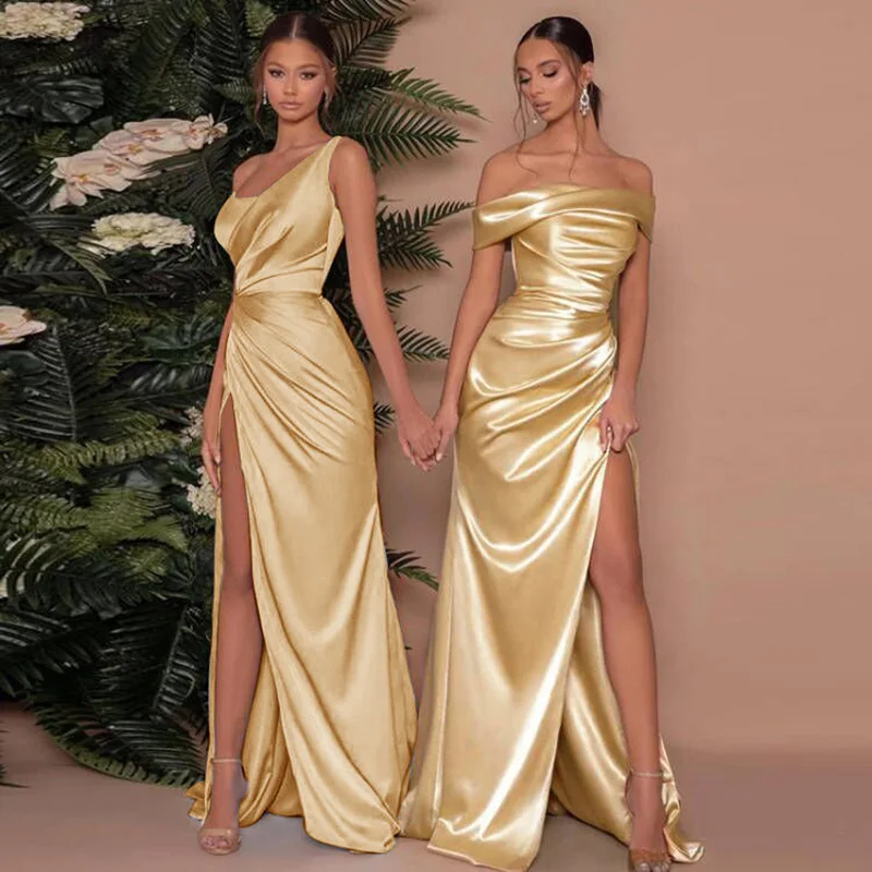 One Shoulder Satin Slit Maxi Dress - Image 5