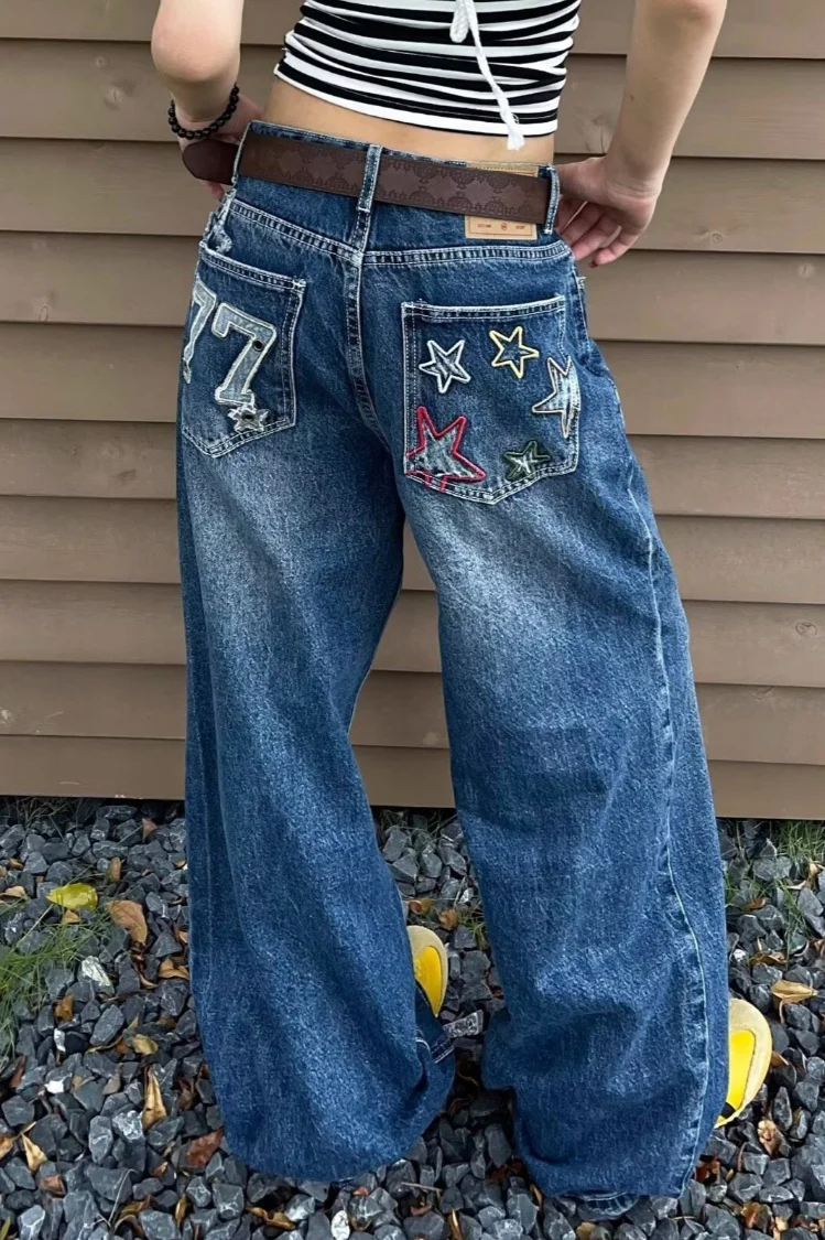 Oversized Washed Star Embroidered Wide Leg Jeans - Image 4