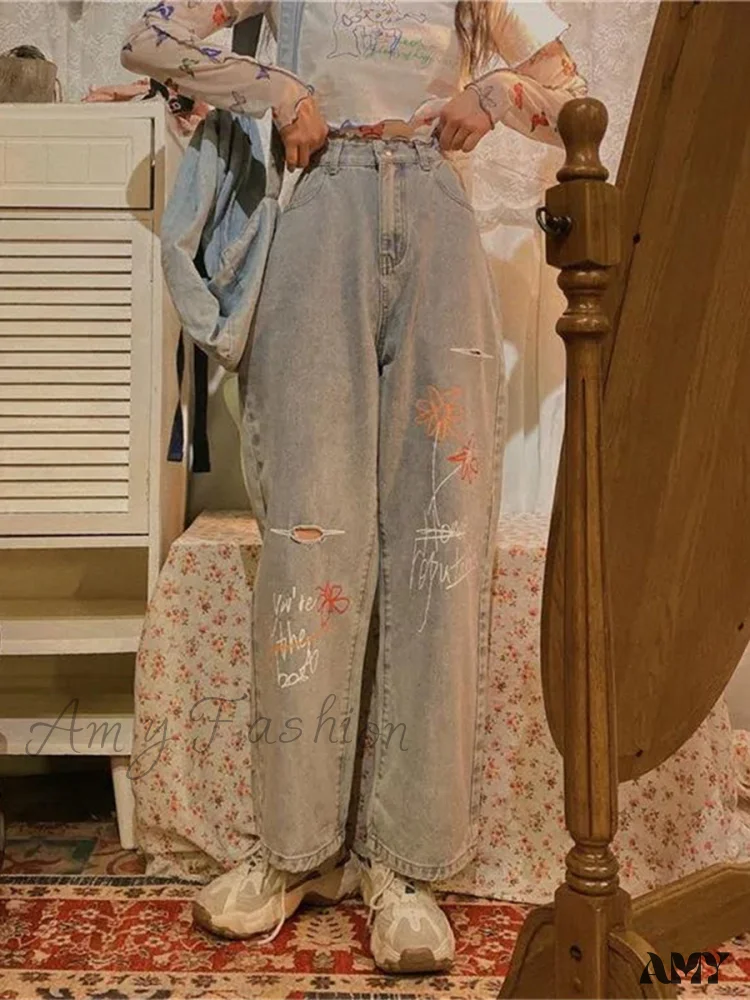 Amy Fashion - Letter Flower Print Ripped Jeans - Image 2