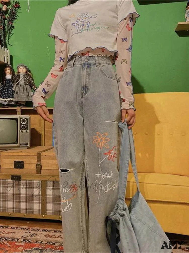 Amy Fashion - Letter Flower Print Ripped Jeans - Image 7