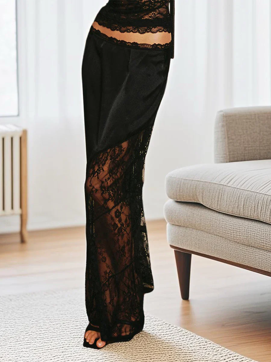 Patchwork Lace Asymmetric Midi Skirt - Image 8