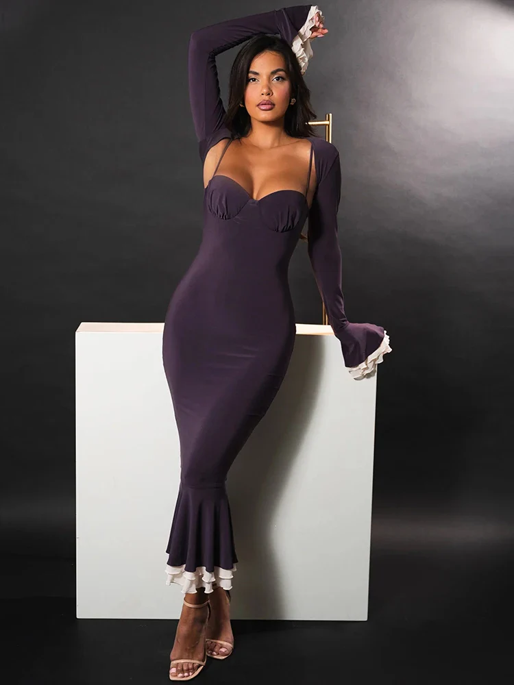 Patchwork Long Sleeve Fishtail Bodycon Dress - Image 6