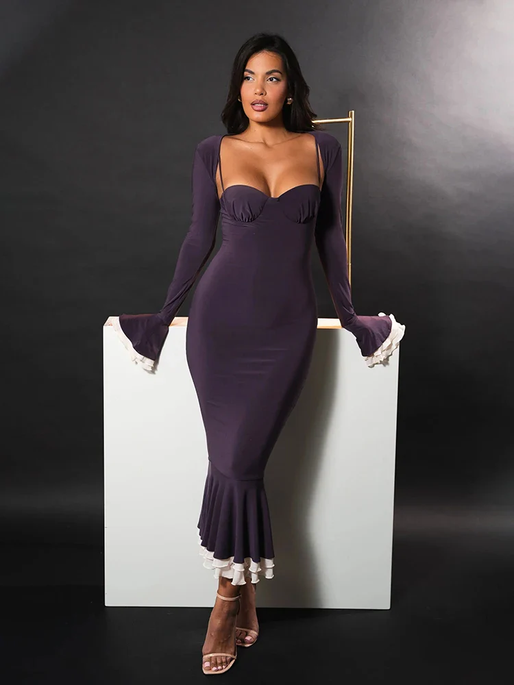 Patchwork Long Sleeve Fishtail Bodycon Dress - Image 8