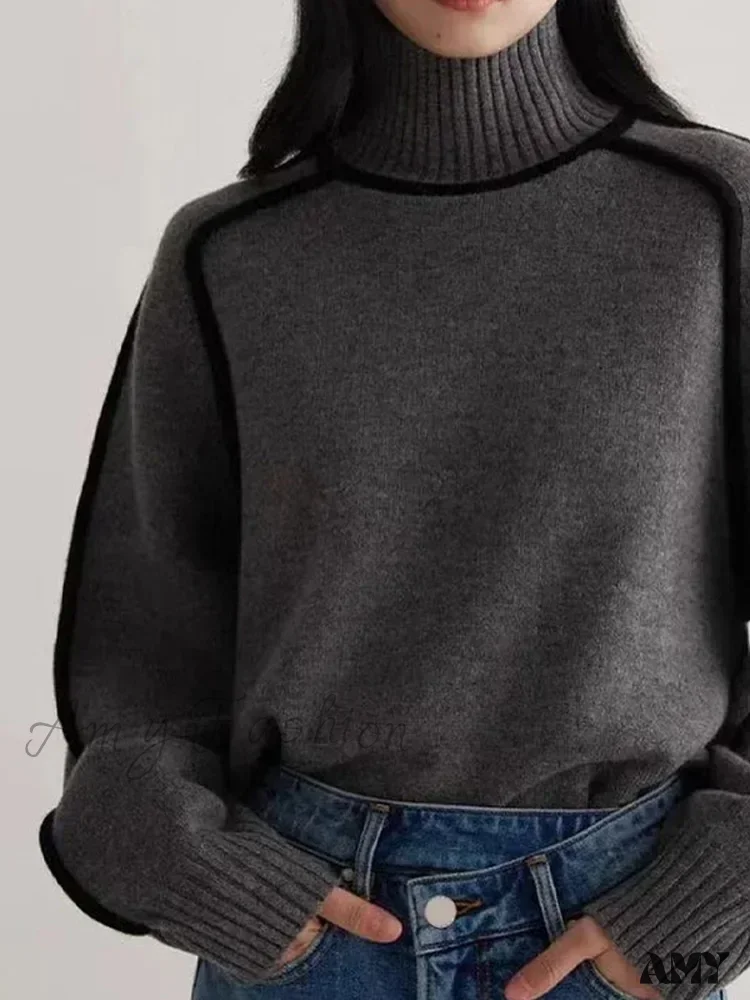 Patchwork Turtleneck Knitted Warm Thicken Long Sleeve Sweater - Image 7