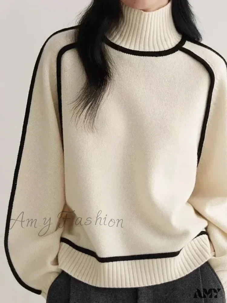 Patchwork Turtleneck Knitted Warm Thicken Long Sleeve Sweater - Image 9
