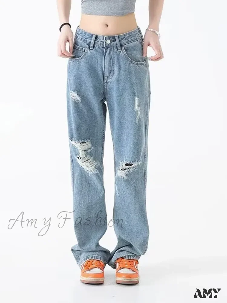 Amy Fashion - Perforated Jean Summer Thin High Street Trendy Brand Handsome And Loose Fitting Straight Casual Sports Pants Women's Jean