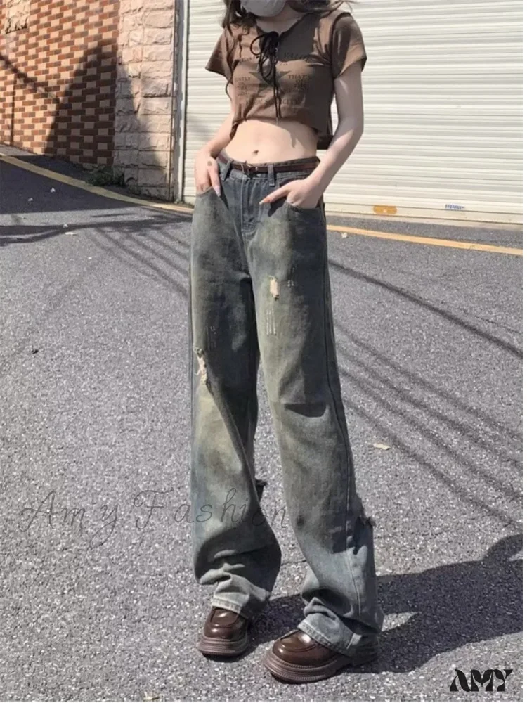 Amy Fashion - Perforated Summer Loose Straight Leg Niche Stitching Old Beggar Fashion Jean - Image 4