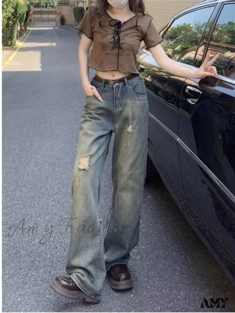 Amy Fashion - Perforated Summer Loose Straight Leg Niche Stitching Old Beggar Fashion Jean - Image 5