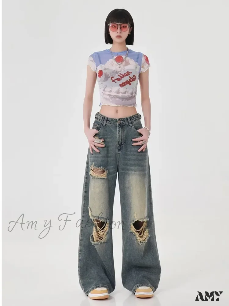 Amy Fashion - Perforated Women's Summer New INS Fashion Brand Straight Tube Loose Sweeping High Street Jean - Image 3