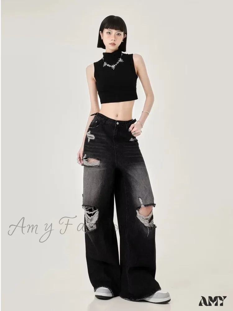 Amy Fashion - Perforated Women's Summer New INS Fashion Brand Straight Tube Loose Sweeping High Street Jean - Image 4