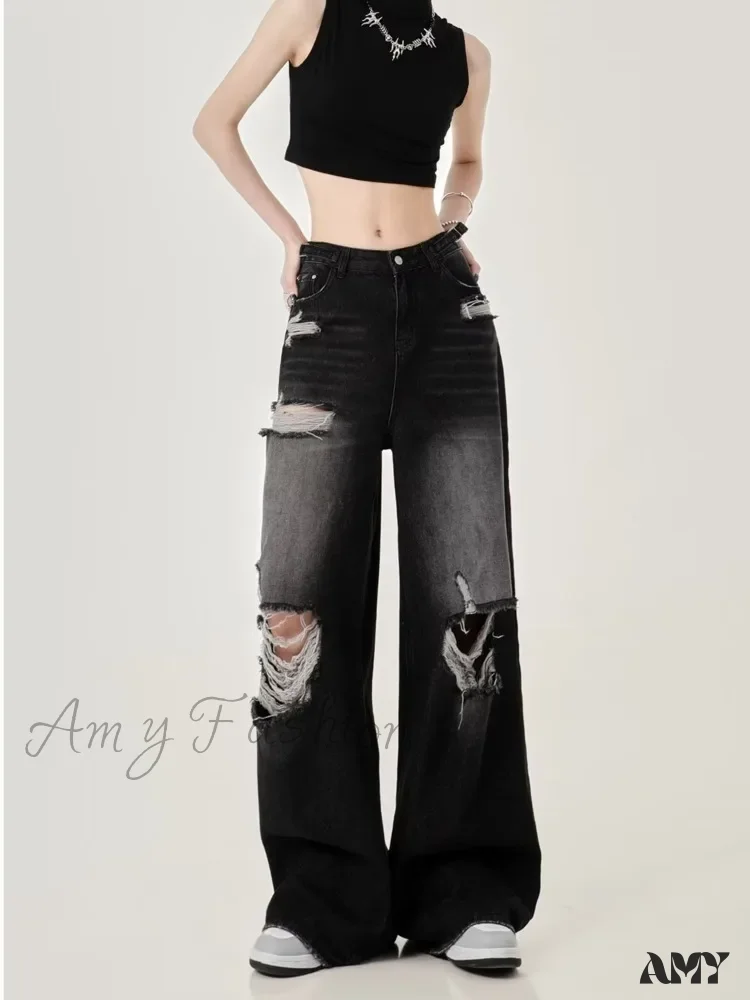 Amy Fashion - Perforated Women's Summer New INS Fashion Brand Straight Tube Loose Sweeping High Street Jean - Image 5