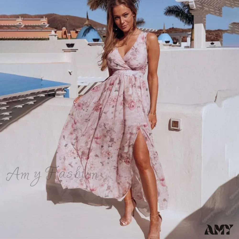 Amy Fashion - Flroal Print Split Beach Holiday Long Maxi Dresses - Image 3