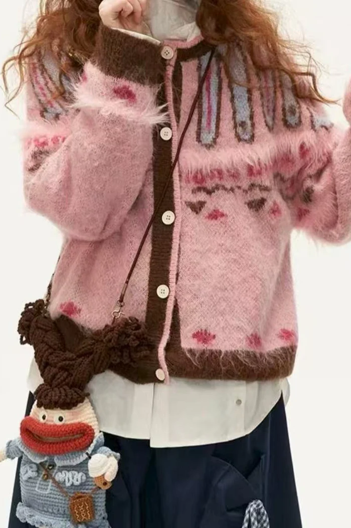 Pink Fair Isle Retro Slouchy Soft Knit Cardigan - Image 2