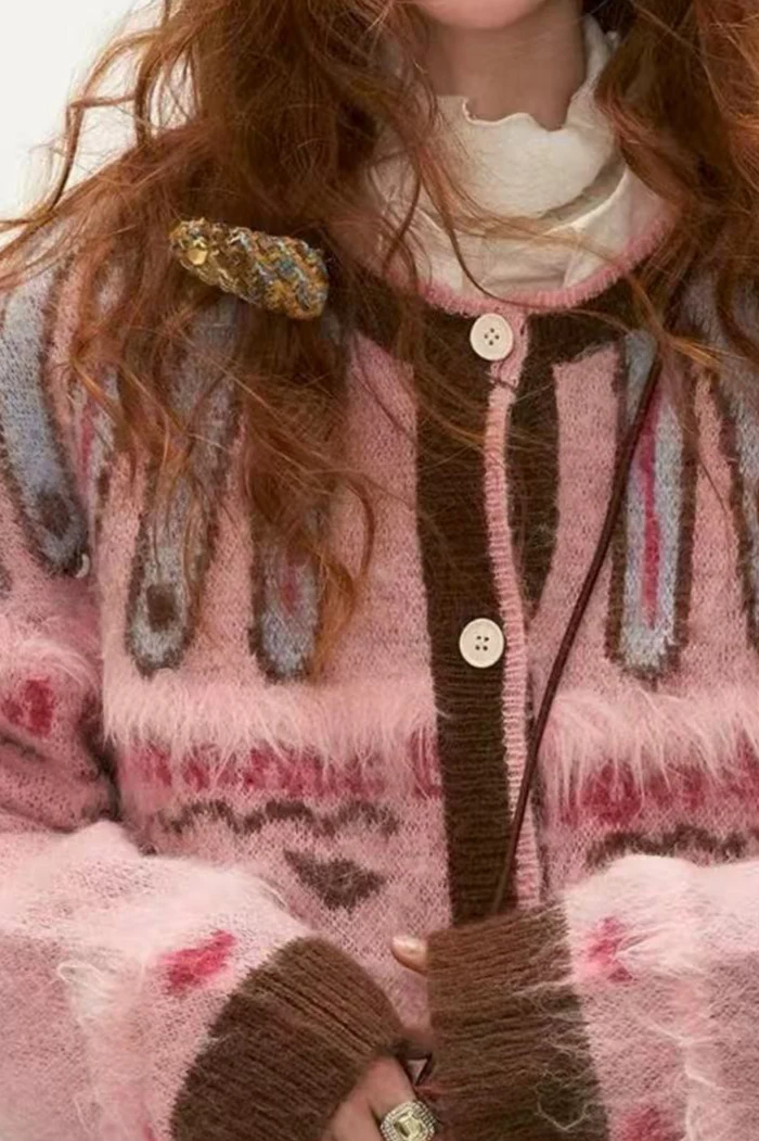 Pink Fair Isle Retro Slouchy Soft Knit Cardigan - Image 3