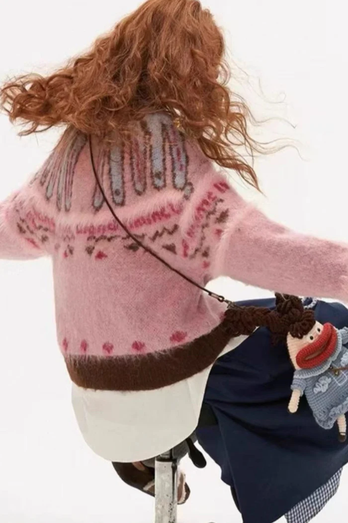 Pink Fair Isle Retro Slouchy Soft Knit Cardigan - Image 4