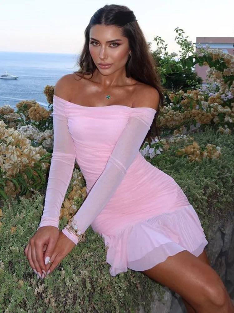Pink Off Shoulder Ruched Mini Dress - Image 4