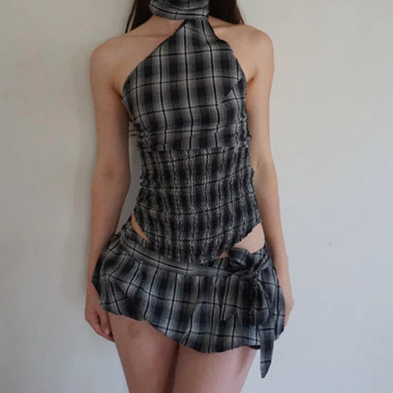 Plaid Backless Halter Bubble Skirt Two Piece Set
