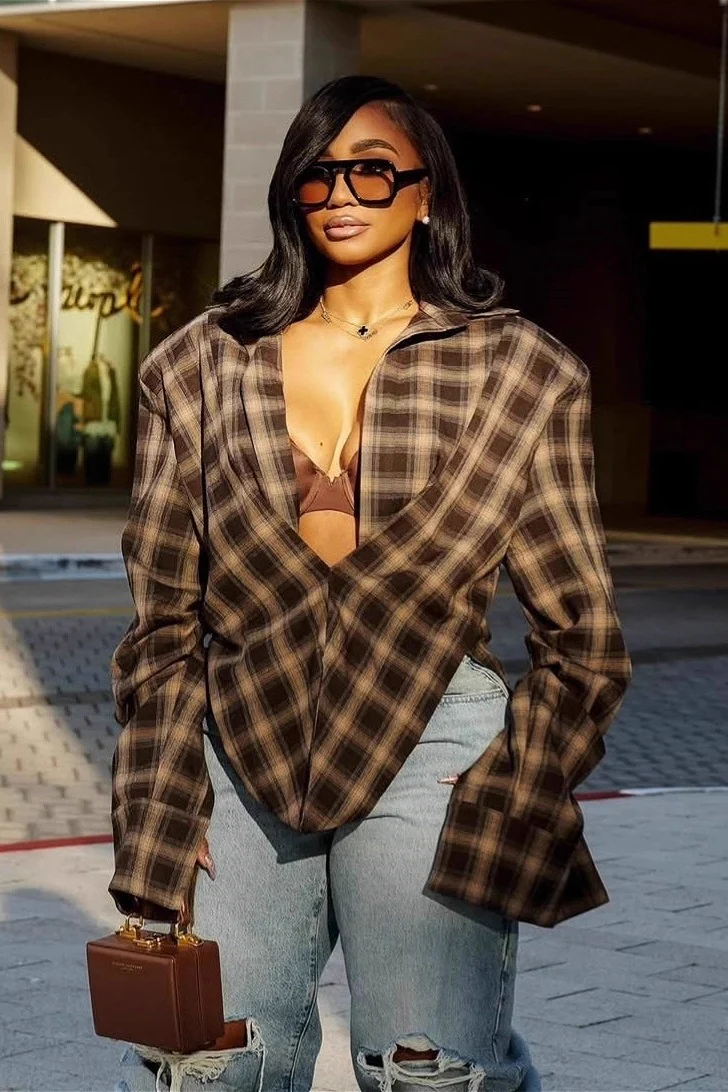 Plaid Collared Asymmetrical Loose Blouse - Image 3