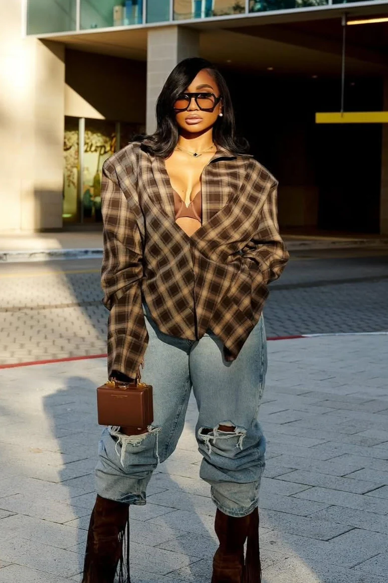 Plaid Collared Asymmetrical Loose Blouse - Image 5