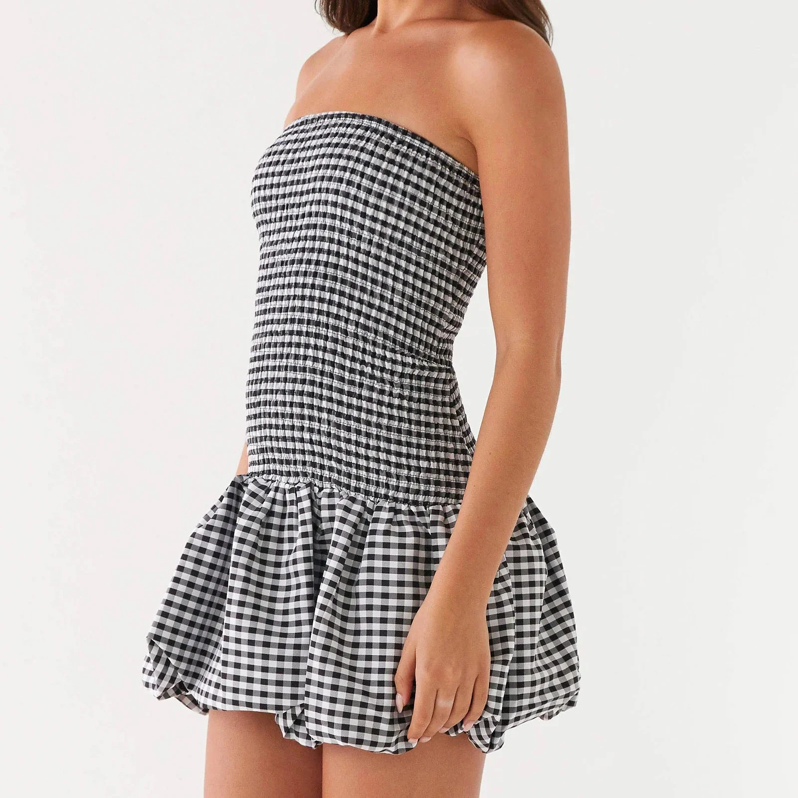 Plaid Gingham Strapless Mini Bodycon Dress - Image 3