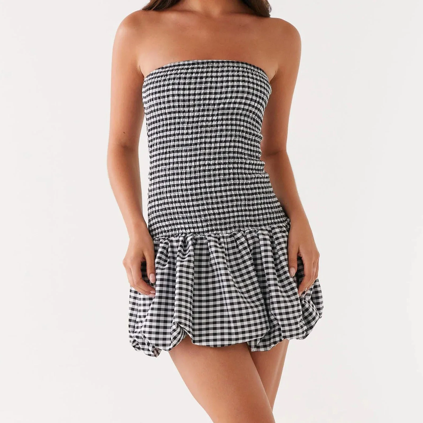 Plaid Gingham Strapless Mini Bodycon Dress - Image 4