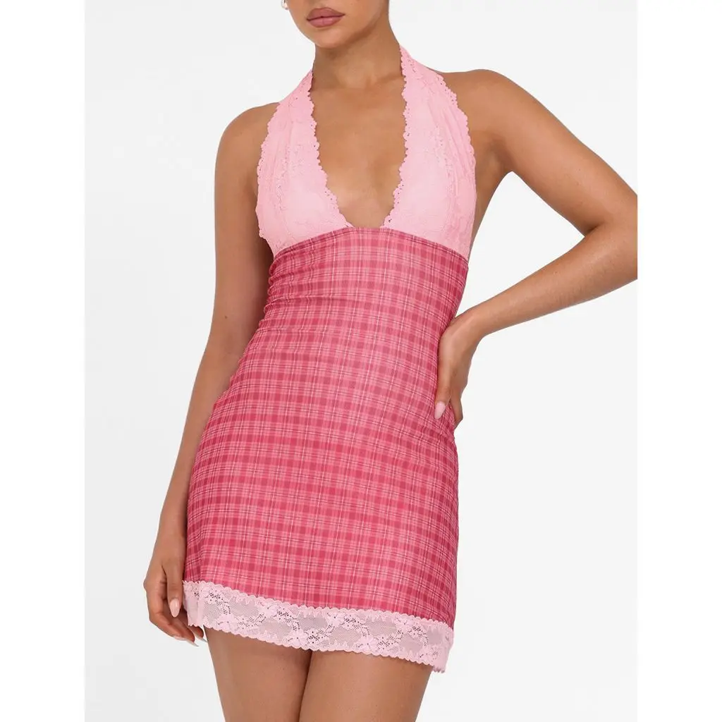 Plaid Slim Floral Lace Tri Bodycon Dress - Image 4