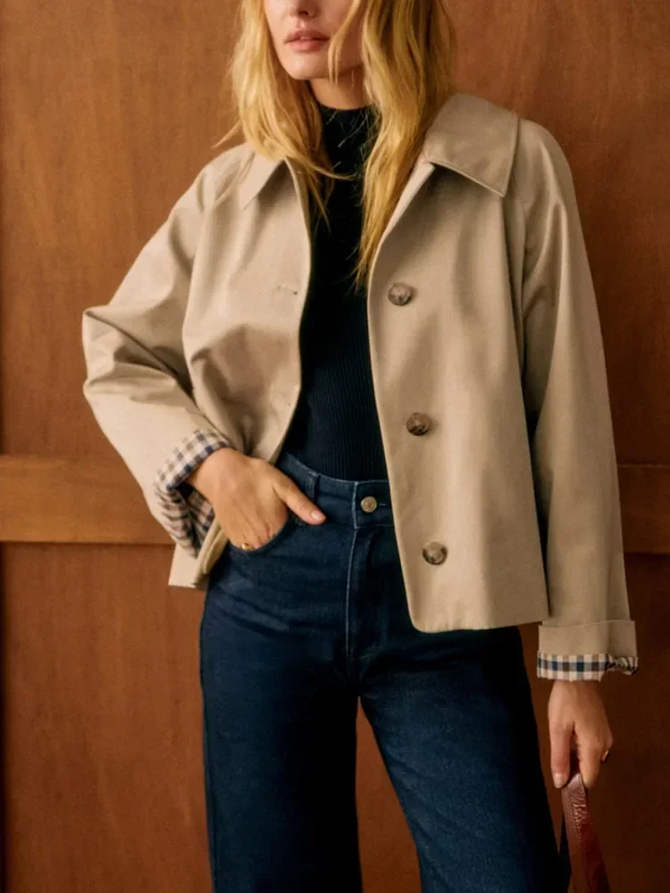 Plaid Turn-Down Trench Coat - Image 2